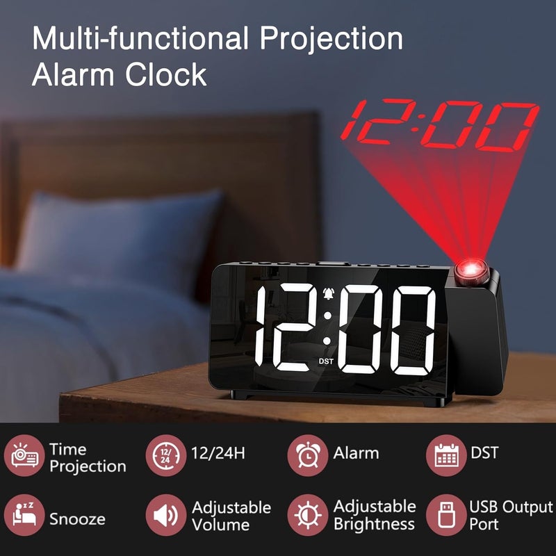 LOFICOPER Projection Alarm Clock for Bedroom, Digital Alarm Clock with 180° Rotatable Projector, 7.4'' Large LED Display, Adjustable Brightness & Volume, for Seniors Teens Heavy Sleepers - Image 2
