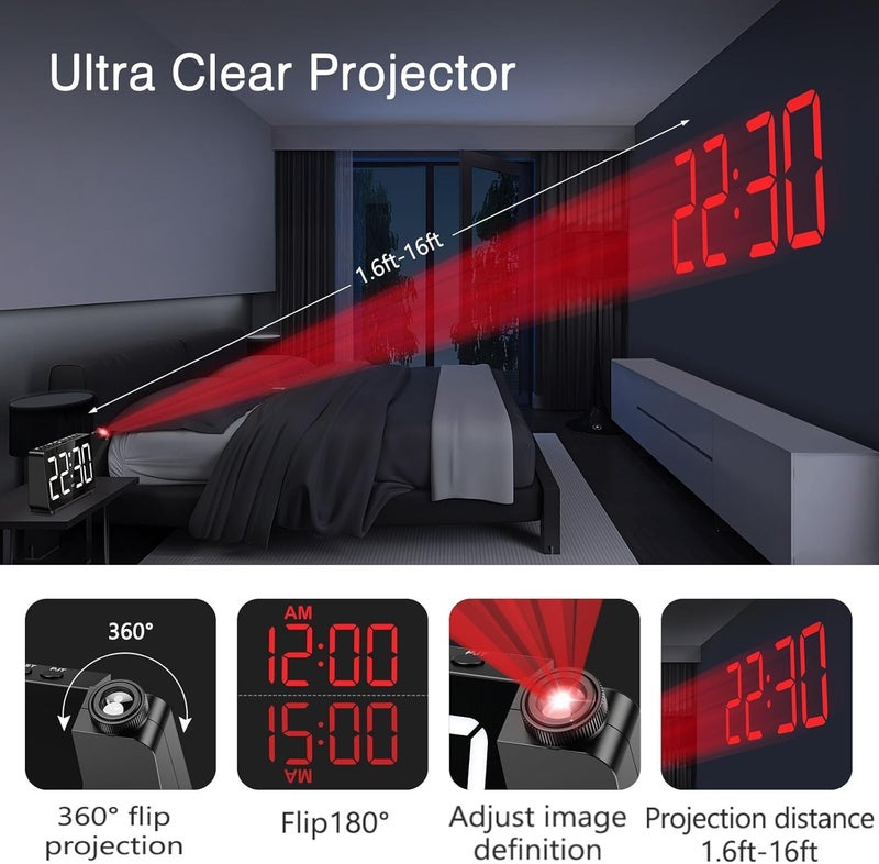 LOFICOPER Projection Alarm Clock for Bedroom, Digital Alarm Clock with 180° Rotatable Projector, 7.4'' Large LED Display, Adjustable Brightness & Volume, for Seniors Teens Heavy Sleepers - Image 3
