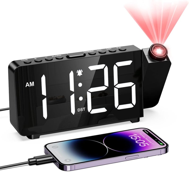 LOFICOPER Projection Alarm Clock for Bedroom, Digital Alarm Clock with 180° Rotatable Projector, 7.4'' Large LED Display, Adjustable Brightness & Volume, for Seniors Teens Heavy Sleepers - Image 1