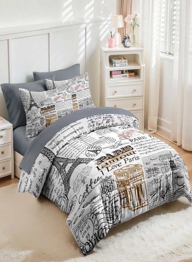 Nesker 7 Pcs Comforter Set Queen Size, Paris Gold Eiffel Tower Bedding Set for Kids and Adults, Romantic French Sheets Bed Sheet Sets with Fitted Sheet 2 Pillowcases & 2 Shams - Image 4