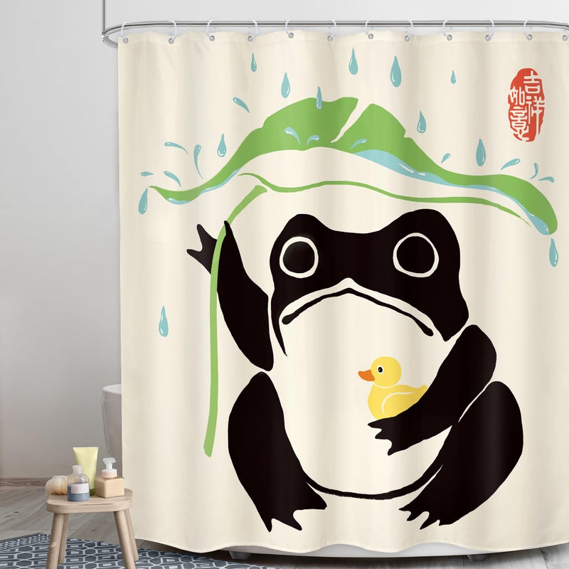 LGhtyro LGhtyro Funny Frog Shower Curtain Bathroom Set 60Wx71H Inches Asian Duck Traditional Art Japanese Cute Animal Taking Lotus Leaf Rain Bath Accessories Lovely Art Home Decor Fabric 12 Pack Hooks  - Image 3