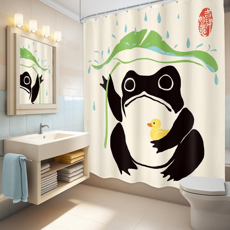 LGhtyro LGhtyro Funny Frog Shower Curtain Bathroom Set 60Wx71H Inches Asian Duck Traditional Art Japanese Cute Animal Taking Lotus Leaf Rain Bath Accessories Lovely Art Home Decor Fabric 12 Pack Hooks  - Image 4