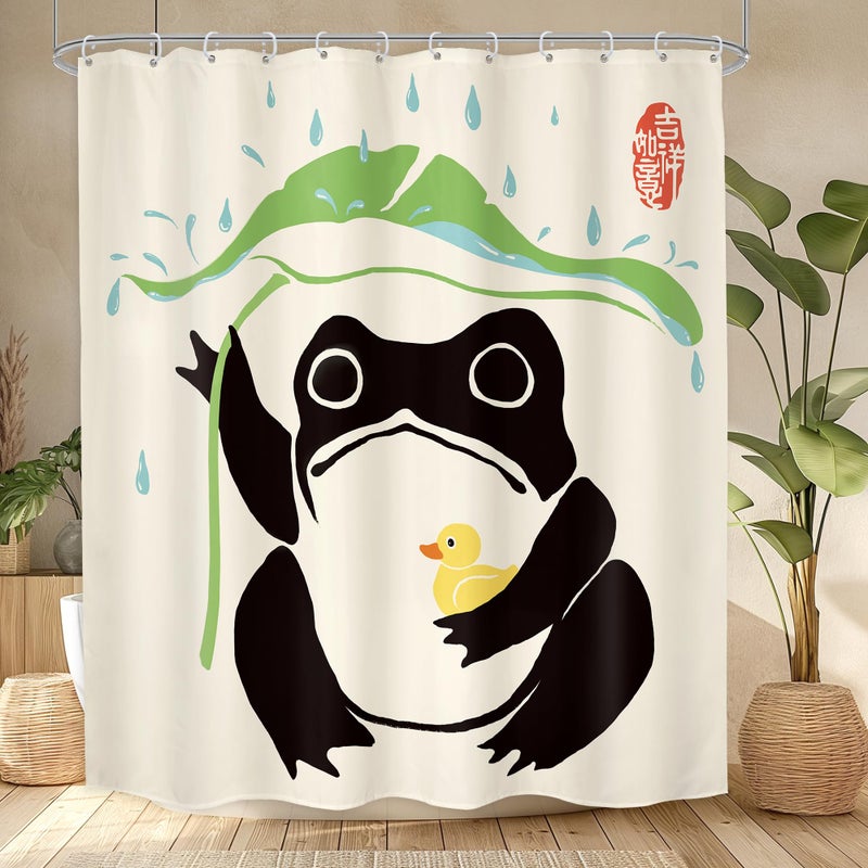 LGhtyro LGhtyro Funny Frog Shower Curtain Bathroom Set 60Wx71H Inches Asian Duck Traditional Art Japanese Cute Animal Taking Lotus Leaf Rain Bath Accessories Lovely Art Home Decor Fabric 12 Pack Hooks  - Image 1