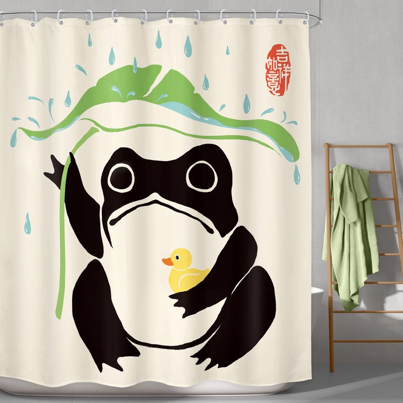 LGhtyro LGhtyro Funny Frog Shower Curtain Bathroom Set 60Wx71H Inches Asian Duck Traditional Art Japanese Cute Animal Taking Lotus Leaf Rain Bath Accessories Lovely Art Home Decor Fabric 12 Pack Hooks  - Image 2