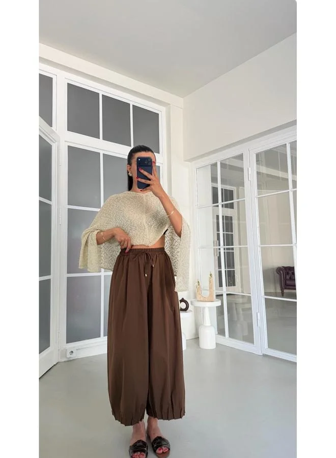 Coffee Brown Elastic Pocket Poplin Fabric Pants GAUS-01846