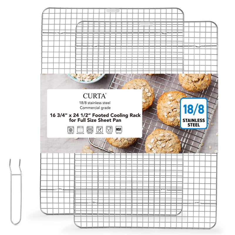CURTA 2 Pack 16.8" X 24.4" Chef Cooling Rack,NSF Listed 18/8 Stainless Steel Oven Safe Grid Wire Cookie Cooling Racks for Baking & Cooking - Commercial Grade comes with Lifting Handl - Image 1