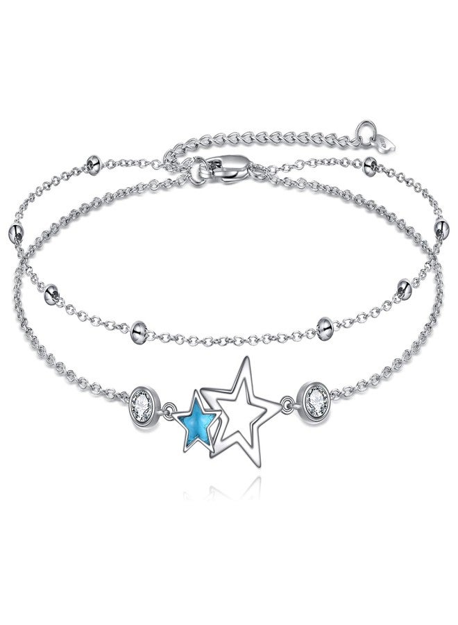 LUHE Star Anklets Sterling Silver Layered Chain Star Ankle Bracelets Jewelry Gifts for Women - Image 1