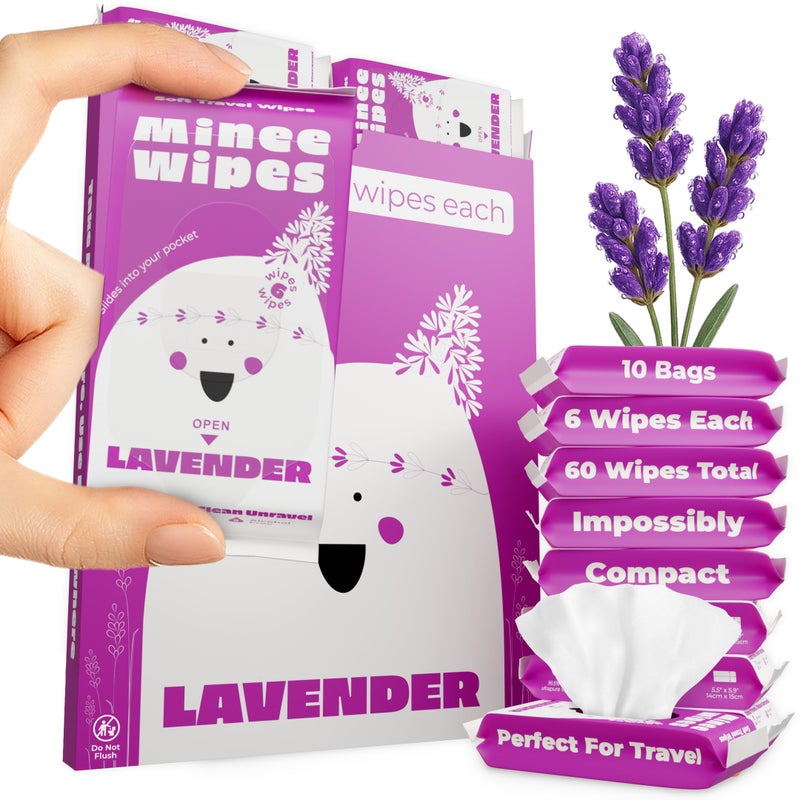 MOONIES Impossibly Compact Travel Wipes - 99.5% Water - Safe for Sensitive Skin & Hypoallergenic, Resealable, Thick & Durable - For Adults, Kids & Baby Care - Lavander, 10 Pack Total 60 Wipes - Image 1