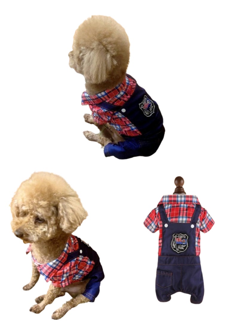 A.M Dog Denim Overall with Plaid Shirt, Spring/Summer Outfit for Small/Medium Dogs, Teddy/Bichon Frise Cats, Korean Style Fashion, Casual Jean Pet Clothing - Image 1