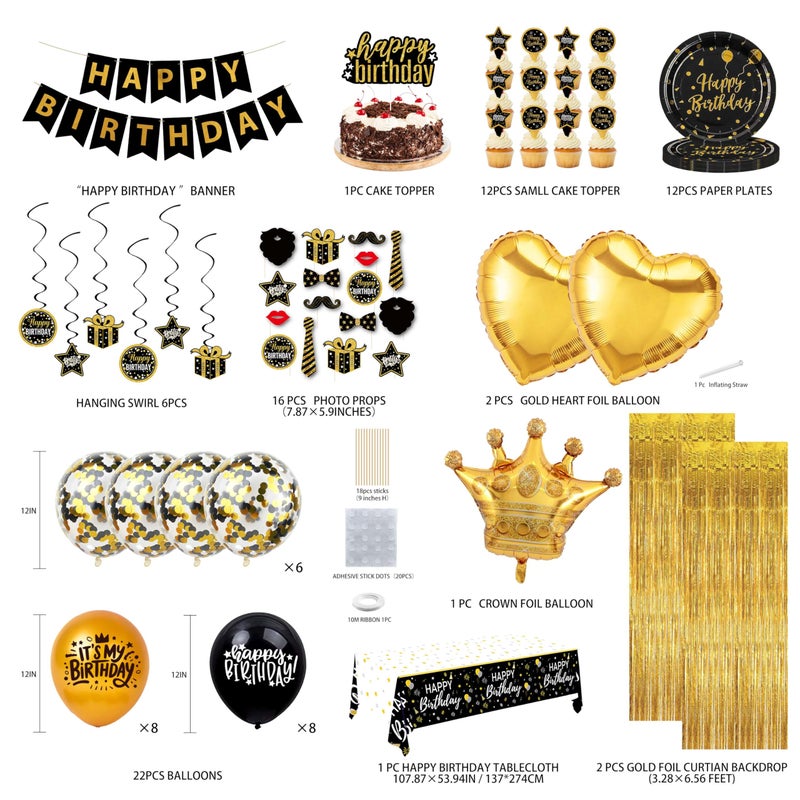 jenlion Black and Gold Birthday Decorations  Party Supplies Kit with Tablecloth Paper Plates Photo Props Crown Foil Balloon Fringe Curtains Cake Toppers and Banner for Men Women 18th 21st 30th 40th 50th - Image 3