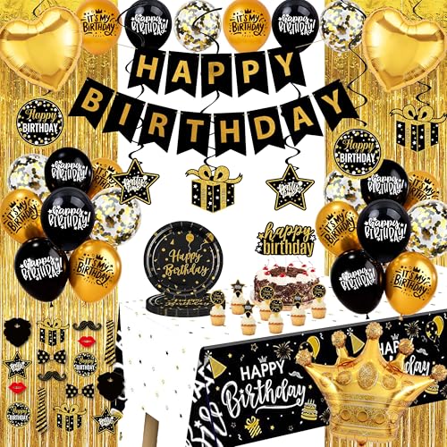 jenlion Black and Gold Birthday Decorations  Party Supplies Kit with Tablecloth Paper Plates Photo Props Crown Foil Balloon Fringe Curtains Cake Toppers and Banner for Men Women 18th 21st 30th 40th 50th - Image 1