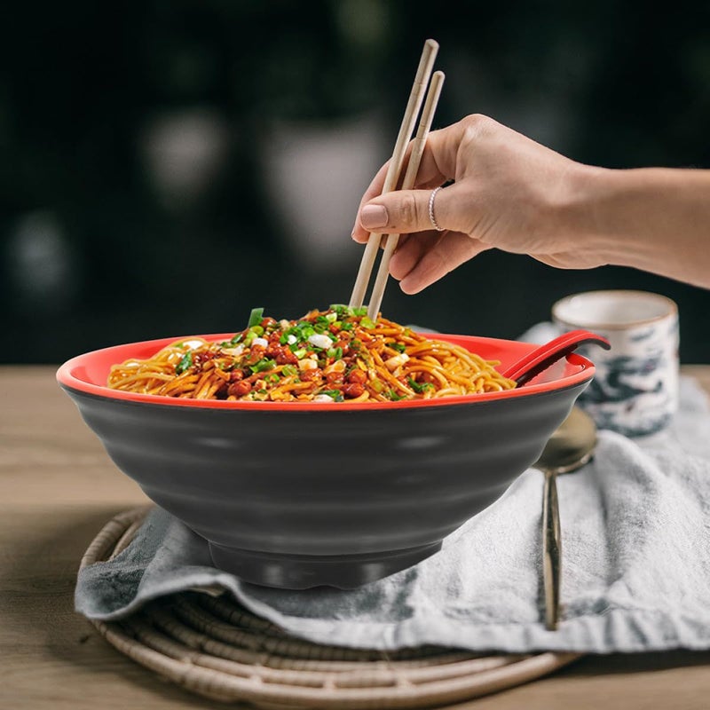 Microwaveable Ramen Noodle Bowl Set 2 Coffee Color Bowls with Ladles Large Japanese Dinnerware - Image 4