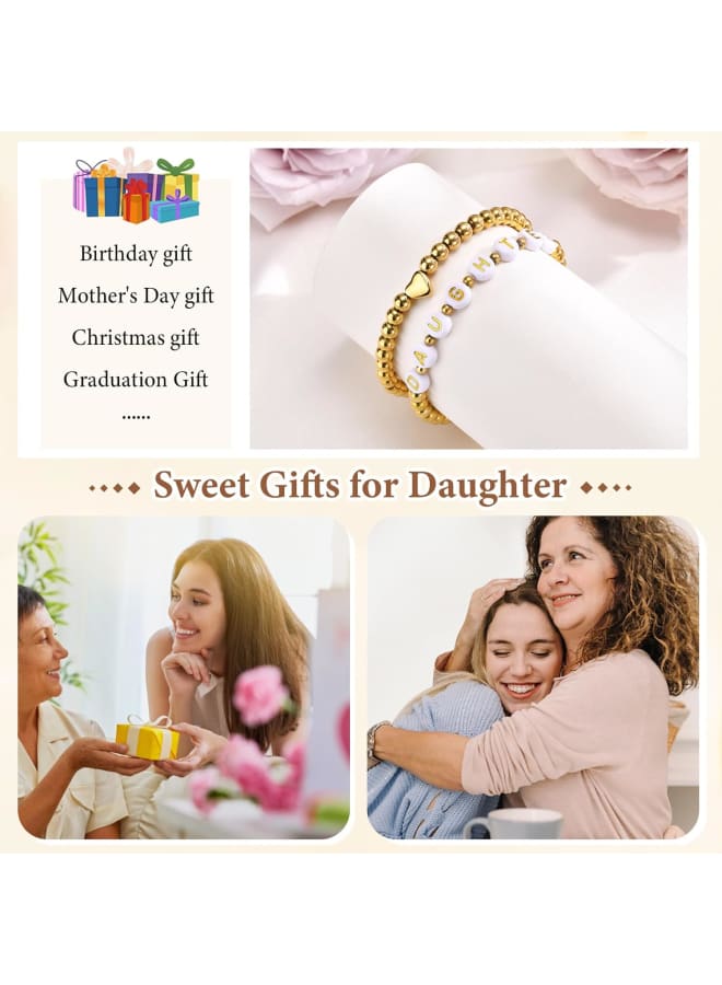 Trendy Gold Bracelets for Women : 2 Pcs 14k Gold Plated Stainless Steel Beaded Heart Mom/Daughter/Nana/ Mama/Sister Stacking Stretch Bracelets Jewelry Love Gifts for Mother's Day Graduation Birthday - Image 3