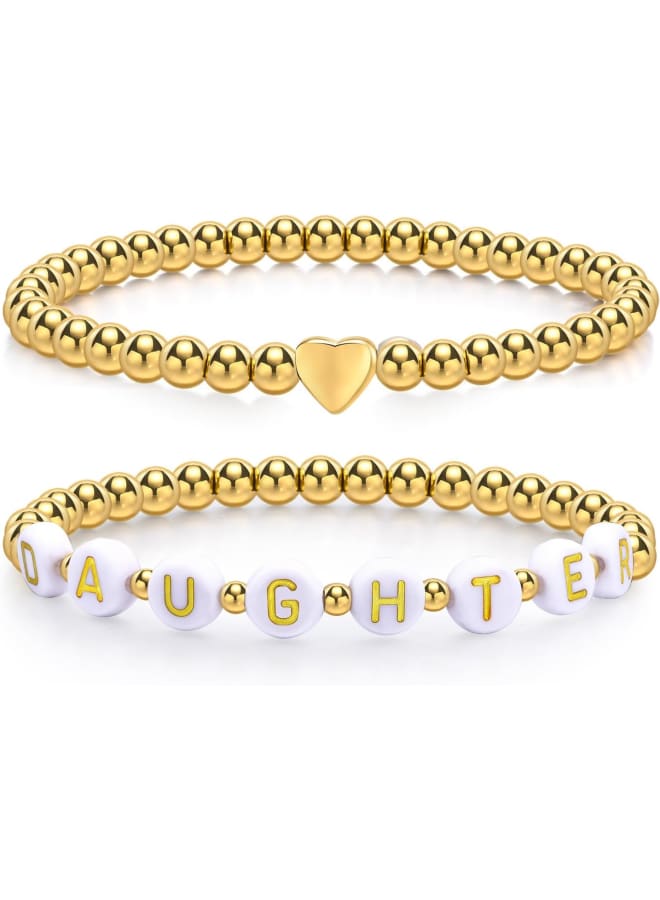 Trendy Gold Bracelets for Women : 2 Pcs 14k Gold Plated Stainless Steel Beaded Heart Mom/Daughter/Nana/ Mama/Sister Stacking Stretch Bracelets Jewelry Love Gifts for Mother's Day Graduation Birthday - Image 1