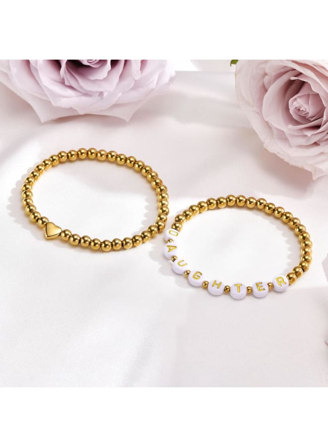 Trendy Gold Bracelets for Women : 2 Pcs 14k Gold Plated Stainless Steel Beaded Heart Mom/Daughter/Nana/ Mama/Sister Stacking Stretch Bracelets Jewelry Love Gifts for Mother's Day Graduation Birthday - Image 5