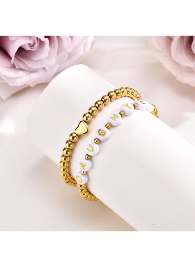 Trendy Gold Bracelets for Women : 2 Pcs 14k Gold Plated Stainless Steel Beaded Heart Mom/Daughter/Nana/ Mama/Sister Stacking Stretch Bracelets Jewelry Love Gifts for Mother's Day Graduation Birthday - Image 4