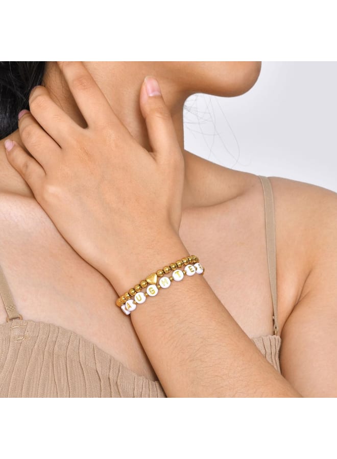 Trendy Gold Bracelets for Women : 2 Pcs 14k Gold Plated Stainless Steel Beaded Heart Mom/Daughter/Nana/ Mama/Sister Stacking Stretch Bracelets Jewelry Love Gifts for Mother's Day Graduation Birthday - Image 2