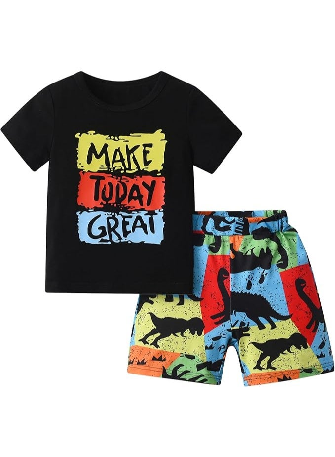 ديناصورز طقم صيفي أولادي قطعتين للأطفال، تيشيرت قطن نص كم بطباعة حروف وديناصور مع شورت، ملابس مريحة وناعمة للأطفال من عمر 1 إلى 4 سنوات، مناسب للاستخدام اليومي والخروجات - Image 1