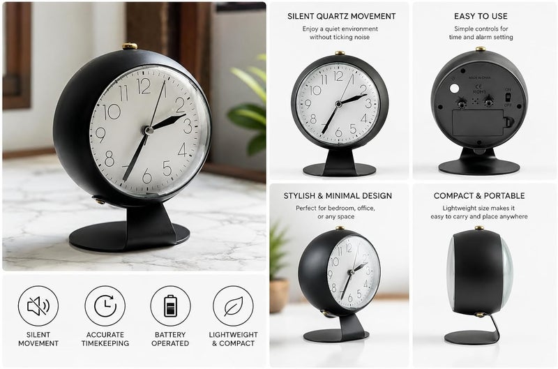 Peakeep Silent Analog Table Clock, Nightstand Alarm Clock, Analog Alarm Clock with Light for Rooms, Table, Desk, Shelf, Office, Without Battery (Black Big Stand) - Image 2