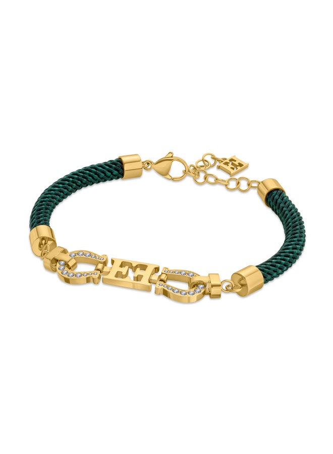 ESCADA Zoe Green Silk Cord Bracelet with Logo and Crystal Horseshoe Charms Good Fortune and Elegance - Image 1