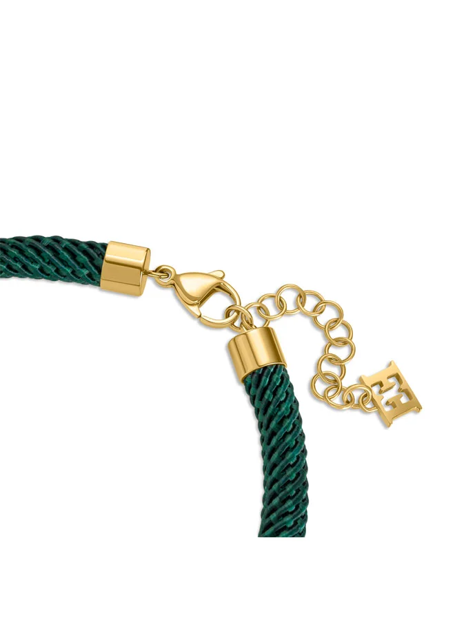 ESCADA Zoe Green Silk Cord Bracelet with Logo and Crystal Horseshoe Charms Good Fortune and Elegance