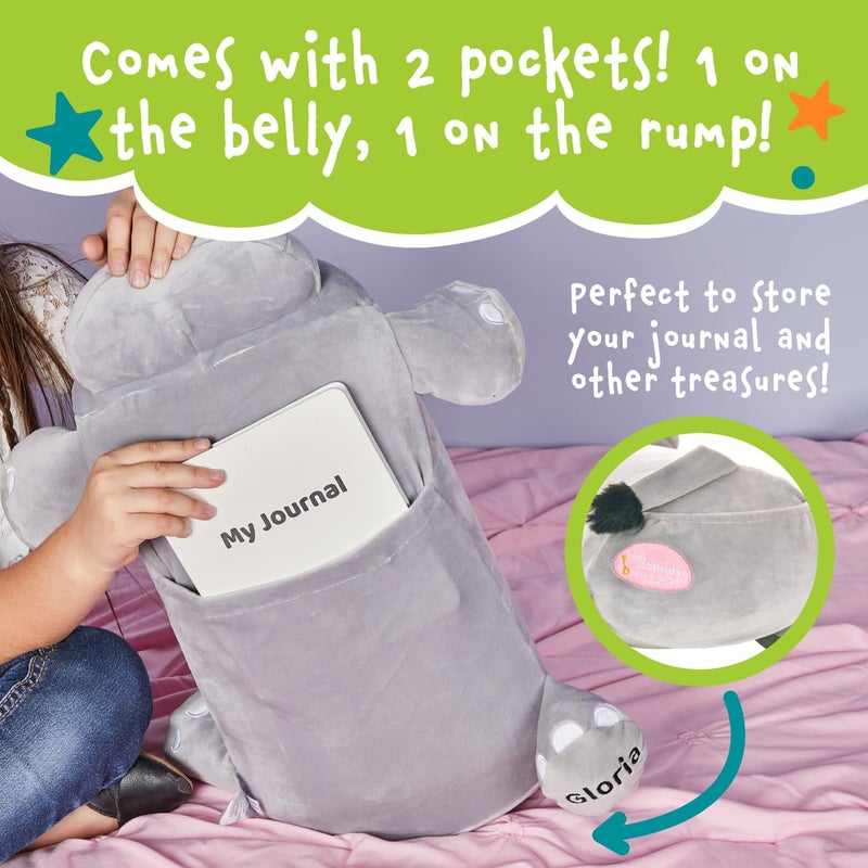 MEMORY MATES MEMORY MATES Cuddly Memory Foam Pillow Plush with Belly Pocket  Kids Pillow for Hugging Sleeping & Storing Diary  15  Stuffed Animal & Journal Set - Gloria The Hippo  - Image 5