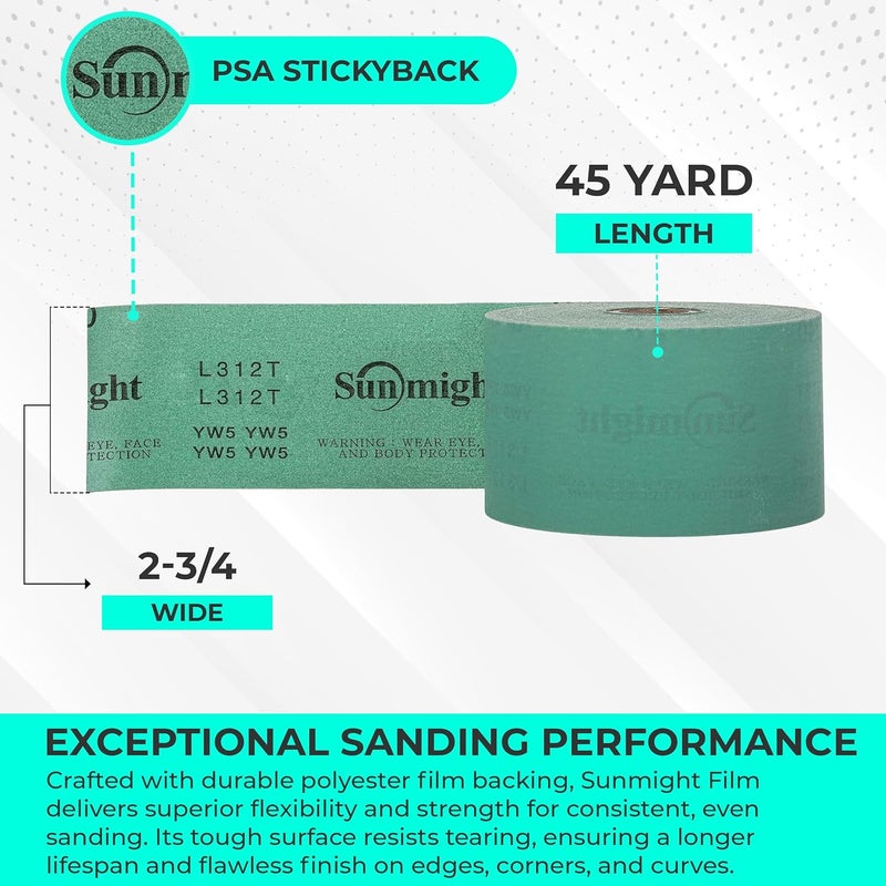 Sunmight Film 180 Grit Sandpaper Roll 2-3/4" x 45 Yards – PSA Longboard Sandpaper – Adhesive Backed for Auto Body, Wood, Metal, Marine & Aerospace – Durable Polyester Backing for Smooth, Even Sanding - Image 4