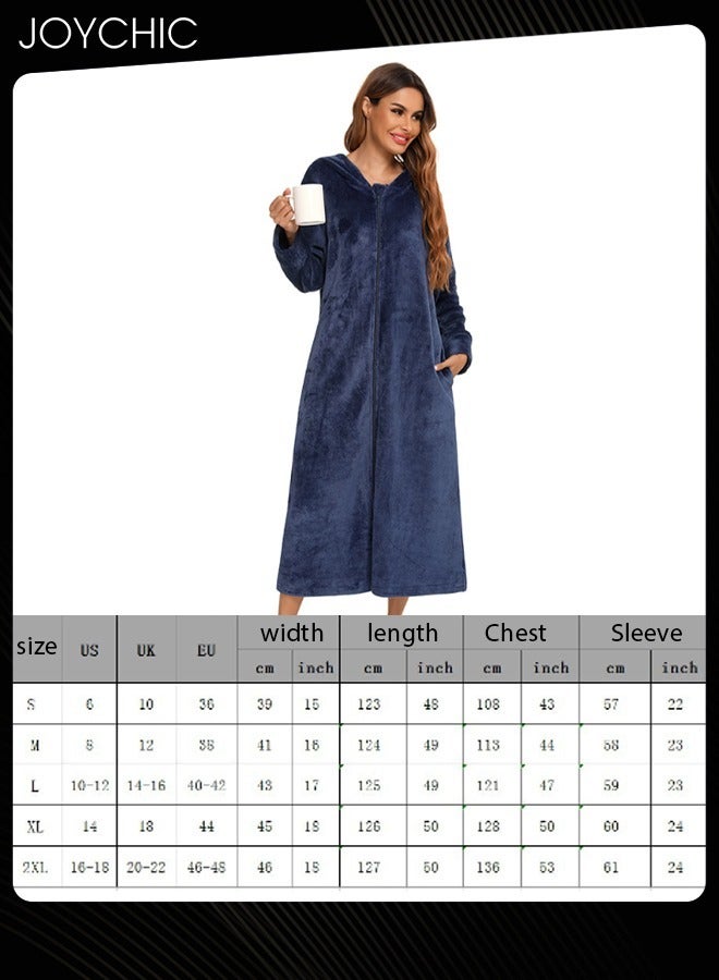 Joychic Long-sleeved Autumn and Winter Flannel Warm and Windproof Nightgown Cardigan Women Zipper Long Bedroom Pajamas with Hat and Pockets Navy Blue - Image 4
