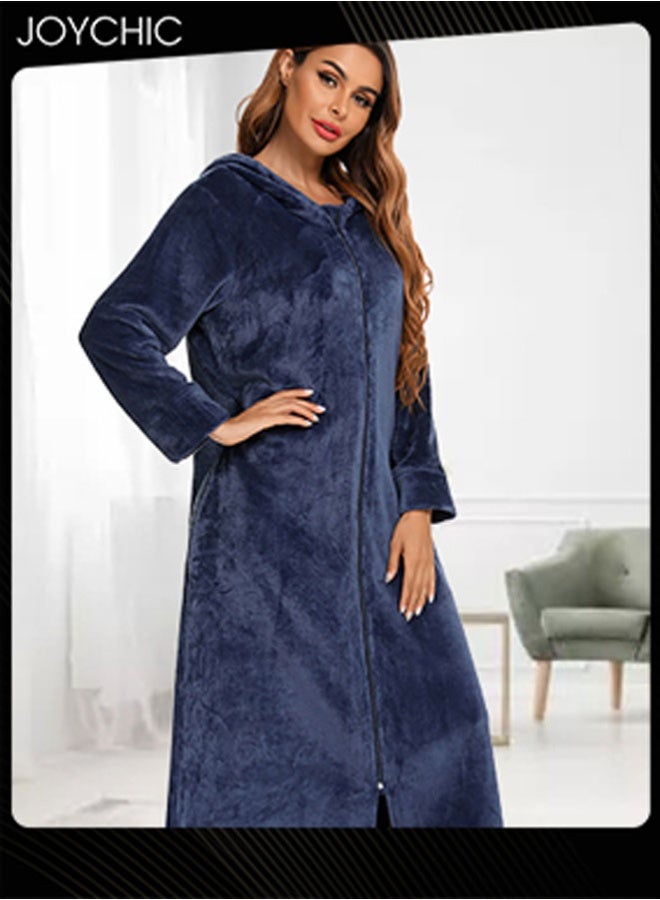 Joychic Long-sleeved Autumn and Winter Flannel Warm and Windproof Nightgown Cardigan Women Zipper Long Bedroom Pajamas with Hat and Pockets Navy Blue - Image 1