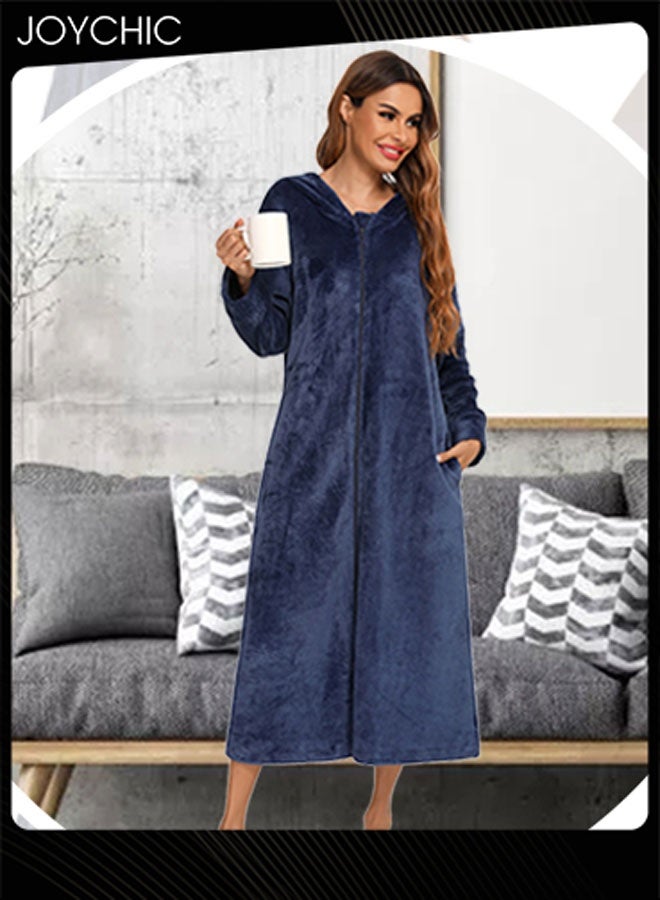 Joychic Long-sleeved Autumn and Winter Flannel Warm and Windproof Nightgown Cardigan Women Zipper Long Bedroom Pajamas with Hat and Pockets Navy Blue - Image 3