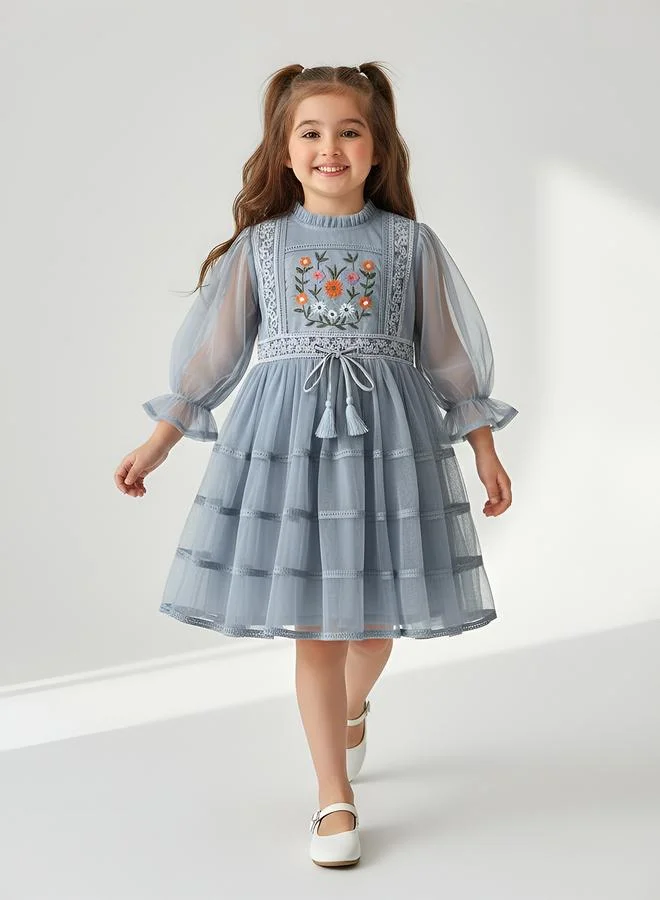 Bella Moda Girls Mesh Embroidered Dress Long Sleeves and Tassel Belt