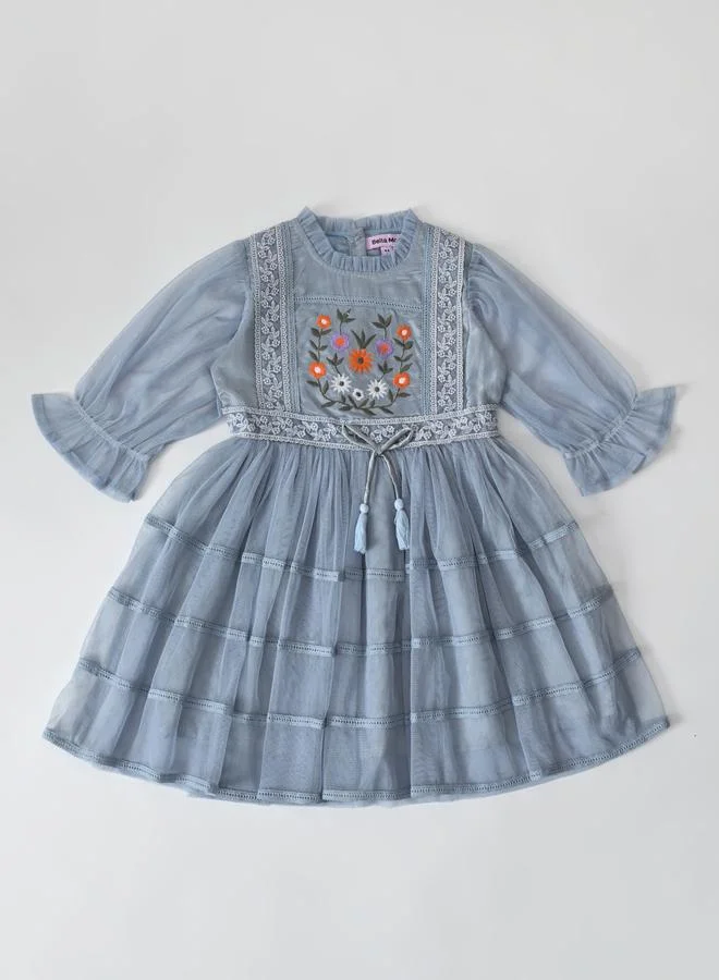 Bella Moda Girls Mesh Embroidered Dress Long Sleeves and Tassel Belt