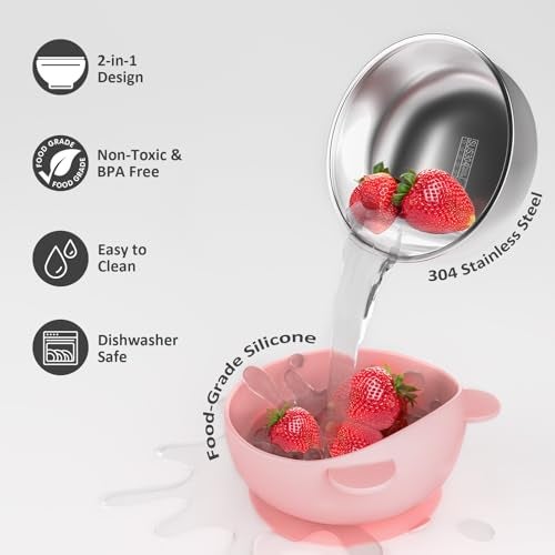 Bakpoco Stainless Steel Baby Bowls with Suction, 2-in-1 SUS304 Toddlers Bowl & Removable Silicone Suction Kids Bowl, Anti Scald Non Toxic Snack Container for Baby Food Feeding, 4 Colors Set - Image 4