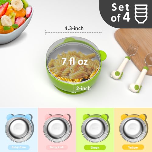 Bakpoco Stainless Steel Baby Bowls with Suction, 2-in-1 SUS304 Toddlers Bowl & Removable Silicone Suction Kids Bowl, Anti Scald Non Toxic Snack Container for Baby Food Feeding, 4 Colors Set - Image 2