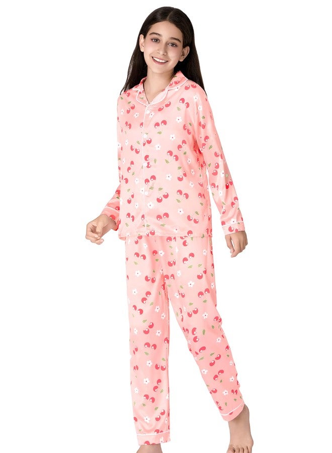 Beezizac Little & Big Girls Pajama Set Cherry Pink Satin Silky Soft Long Sleeve Cute 2-Piece Winter Jammies Kid Size 10 - Image 4