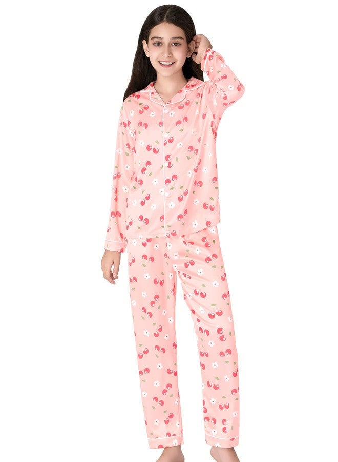 Beezizac Little & Big Girls Pajama Set Cherry Pink Satin Silky Soft Long Sleeve Cute 2-Piece Winter Jammies Kid Size 10 - Image 3