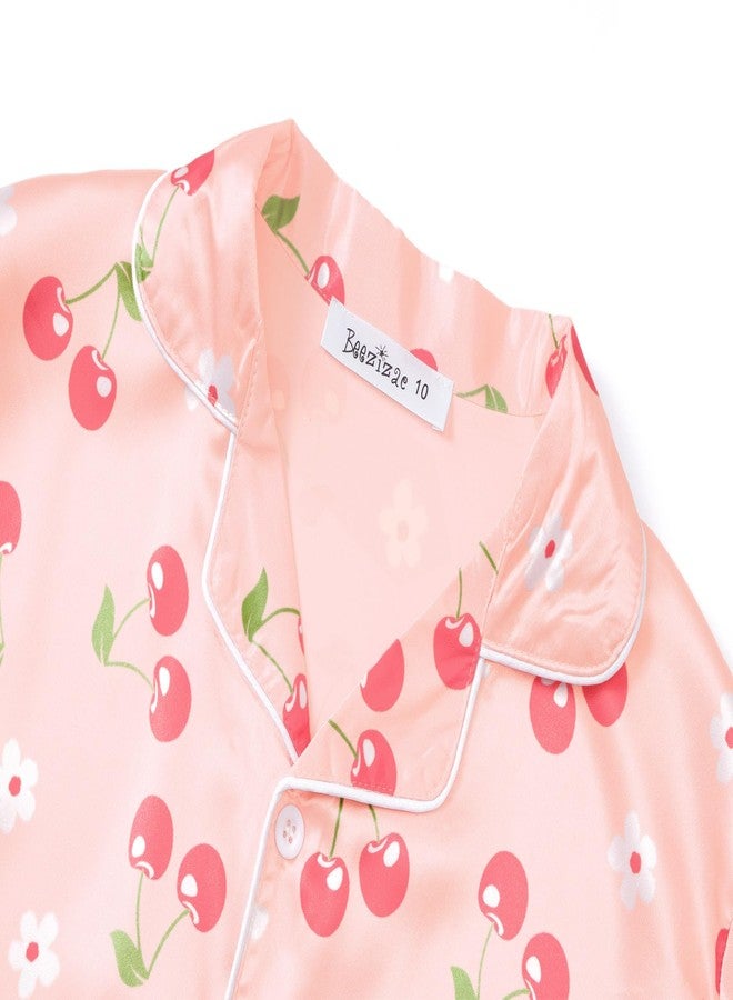 Beezizac Little & Big Girls Pajama Set Cherry Pink Satin Silky Soft Long Sleeve Cute 2-Piece Winter Jammies Kid Size 10 - Image 5