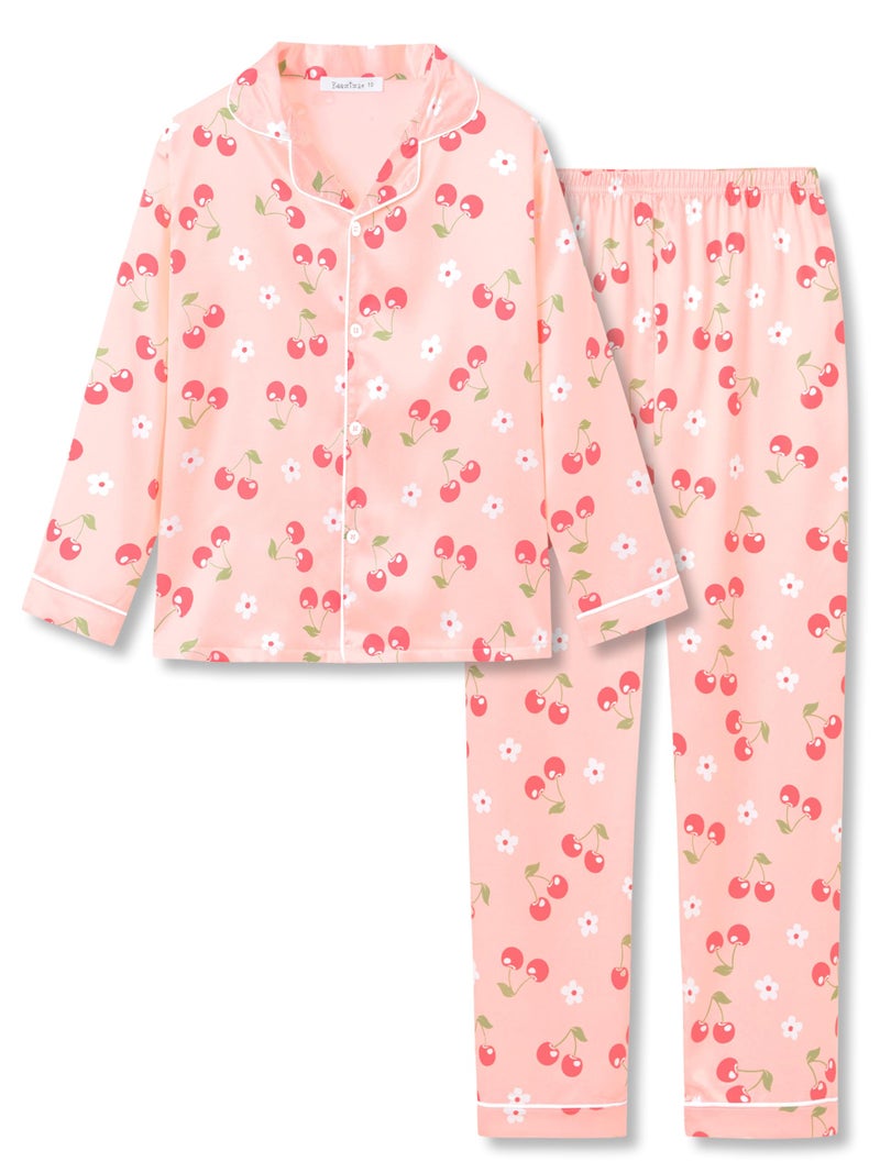 Beezizac Little & Big Girls Pajama Set Cherry Pink Satin Silky Soft Long Sleeve Cute 2-Piece Winter Jammies Kid Size 10 - Image 1