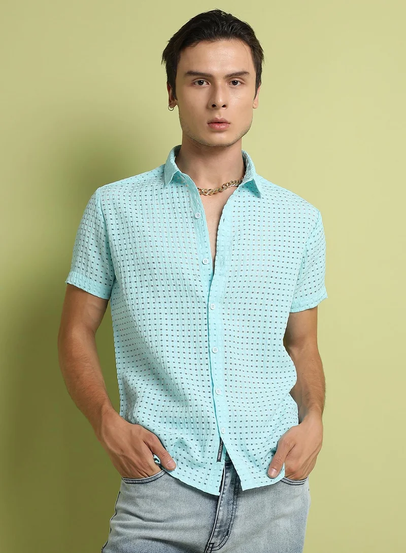 Campus Sutra Campus Sutra Men's Light Blue See-Through Square Shirt For Everyday Wear | Spread Collar |  Button Closure | Short Sleeve |  Polyester Blend Shirt Crafted With Comfort Fit For Everyday Wear