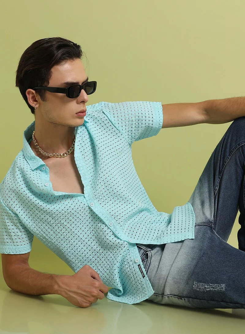 Campus Sutra Campus Sutra Men's Light Blue See-Through Square Shirt For Everyday Wear | Spread Collar |  Button Closure | Short Sleeve |  Polyester Blend Shirt Crafted With Comfort Fit For Everyday Wear