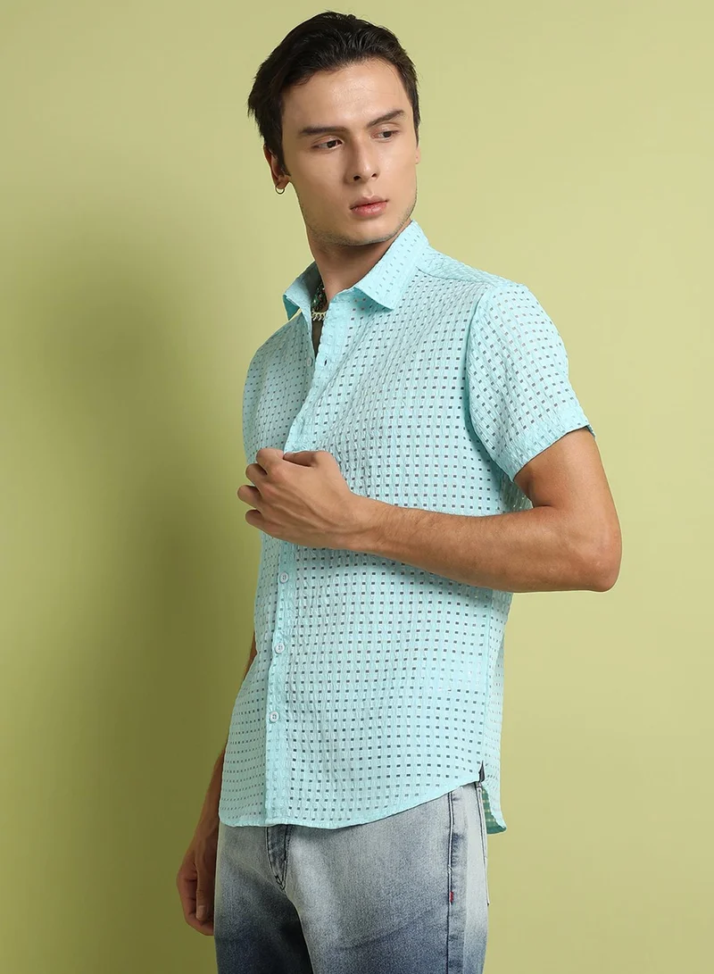Campus Sutra Campus Sutra Men's Light Blue See-Through Square Shirt For Everyday Wear | Spread Collar |  Button Closure | Short Sleeve |  Polyester Blend Shirt Crafted With Comfort Fit For Everyday Wear
