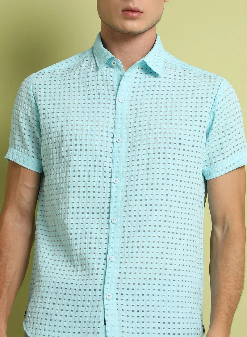 Campus Sutra Campus Sutra Men's Light Blue See-Through Square Shirt For Everyday Wear | Spread Collar |  Button Closure | Short Sleeve |  Polyester Blend Shirt Crafted With Comfort Fit For Everyday Wear