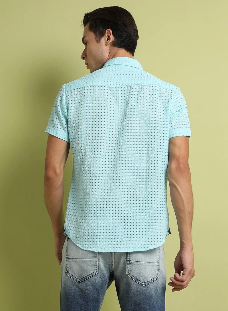 Campus Sutra Campus Sutra Men's Light Blue See-Through Square Shirt For Everyday Wear | Spread Collar |  Button Closure | Short Sleeve |  Polyester Blend Shirt Crafted With Comfort Fit For Everyday Wear