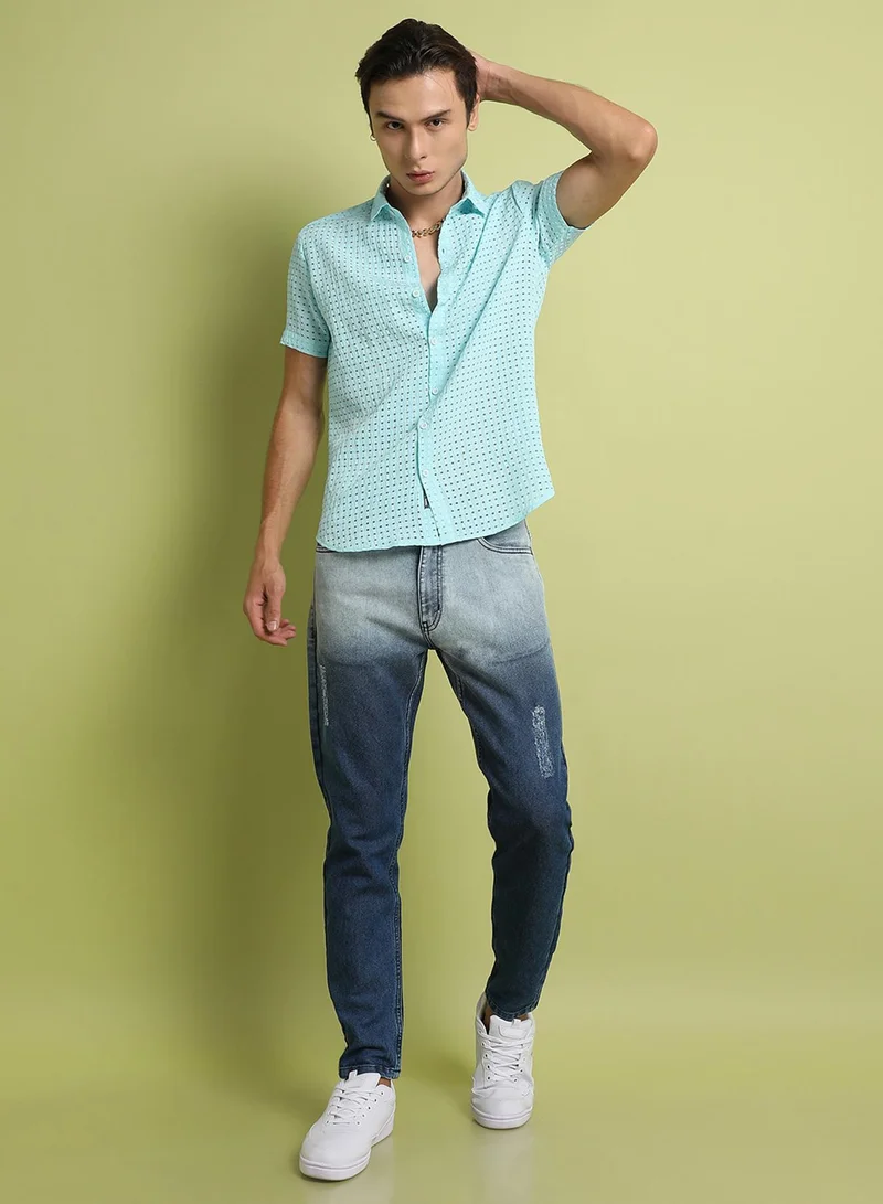 Campus Sutra Campus Sutra Men's Light Blue See-Through Square Shirt For Everyday Wear | Spread Collar |  Button Closure | Short Sleeve |  Polyester Blend Shirt Crafted With Comfort Fit For Everyday Wear