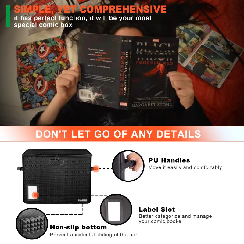 ELOBOON Comic Book Storage Box, Fireproof & Water-Resistant Comic Book Box with Lock and Label Window, Moistureproof Comic Short Box with Fire Zipper Holds 150-175 Comics,Heavy Duty Bin Black - Image 4