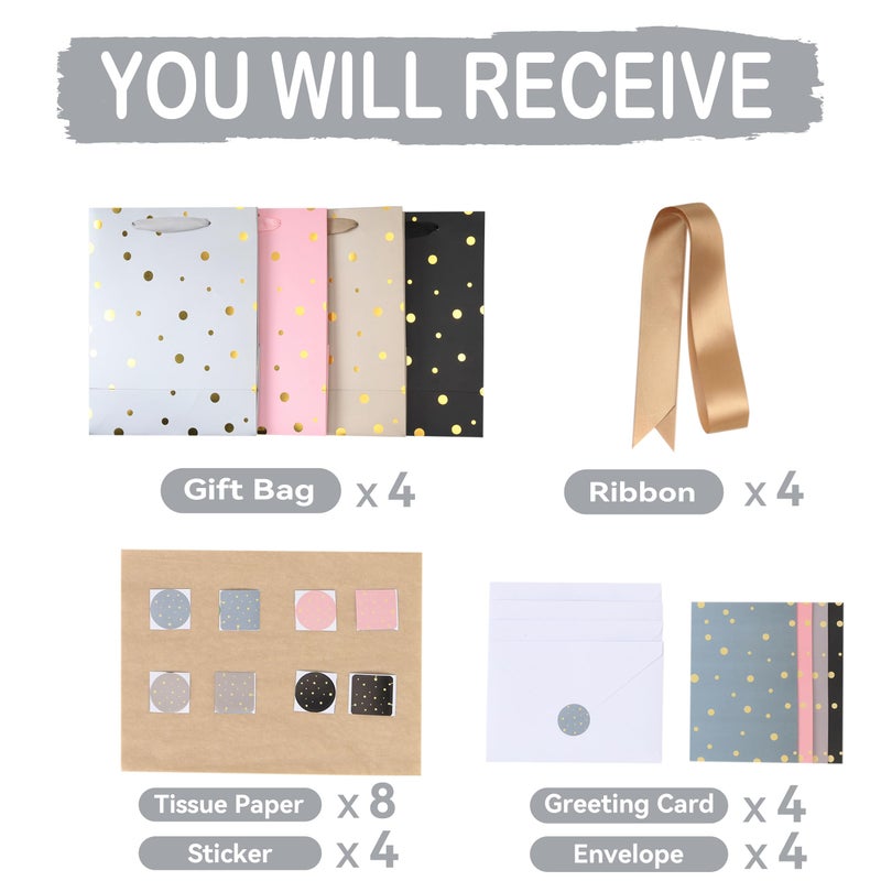 wishinside 4-Pack 10.6â€ Medium Gift Bag Set with Handles, Greeting Card, Tissue Papers and Stickers for for Women Girls Men Boys Kids Teens for Birthday Party, Shopping, Wedding, Motherâ€™s Day, Gold Foil Dots design, 4 Pcs - Image 3