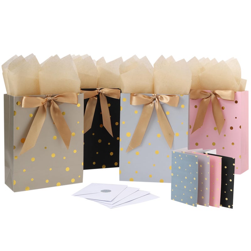 wishinside 4-Pack 10.6â€ Medium Gift Bag Set with Handles, Greeting Card, Tissue Papers and Stickers for for Women Girls Men Boys Kids Teens for Birthday Party, Shopping, Wedding, Motherâ€™s Day, Gold Foil Dots design, 4 Pcs - Image 1