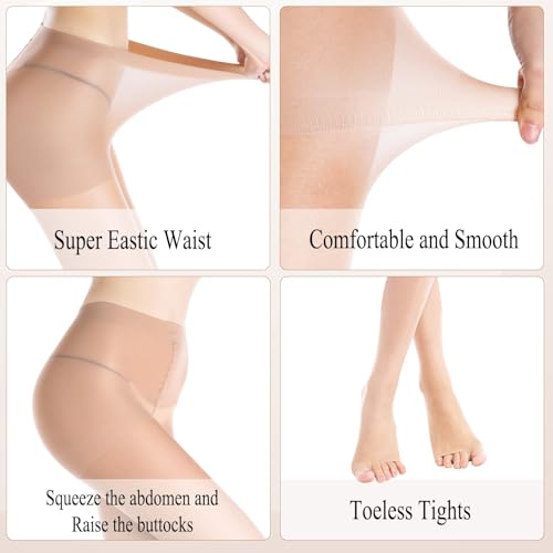 WAKUNA 2 Pairs Toeless Pantyhose Tights For Women 20D Open Toe Pantyhose Control Top Beige Small - Image 3
