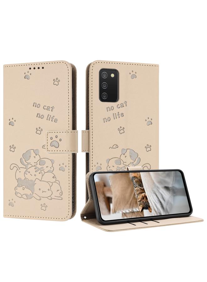 اس-توب جراب لهاتف Samsung Galaxy A02s مقاس 166 مم من الجلد المنقوش عليه صورة قطة صغيرة مع حبل - Image 1