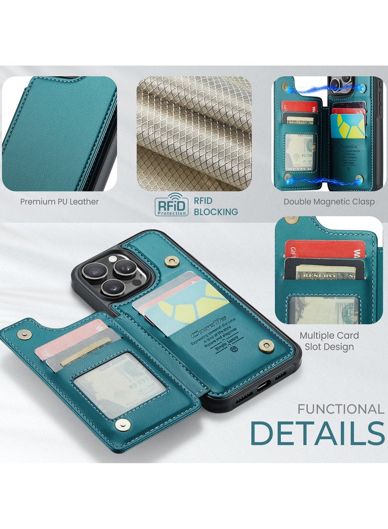 CaseMe Wallet Case for iPhone 16 Pro Max Premium Handmade Durable PU Leather Slim Shockproof Case with [Double Magnetic Clasp] [Card Holder] [Kickstand] [RFID Blocking] (Green) - Image 3